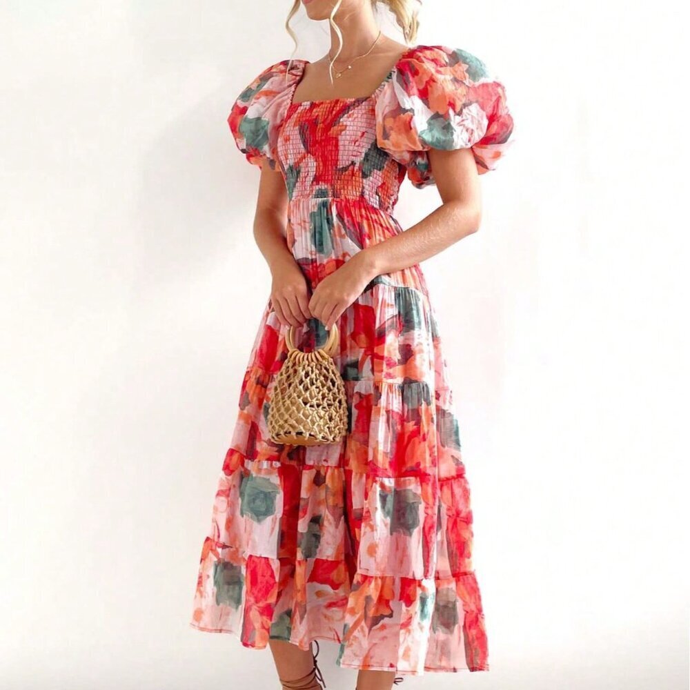 Red Casual Women's Off Shoulder Puff Sleeve Floral Print Dress - Picture 3 of 5